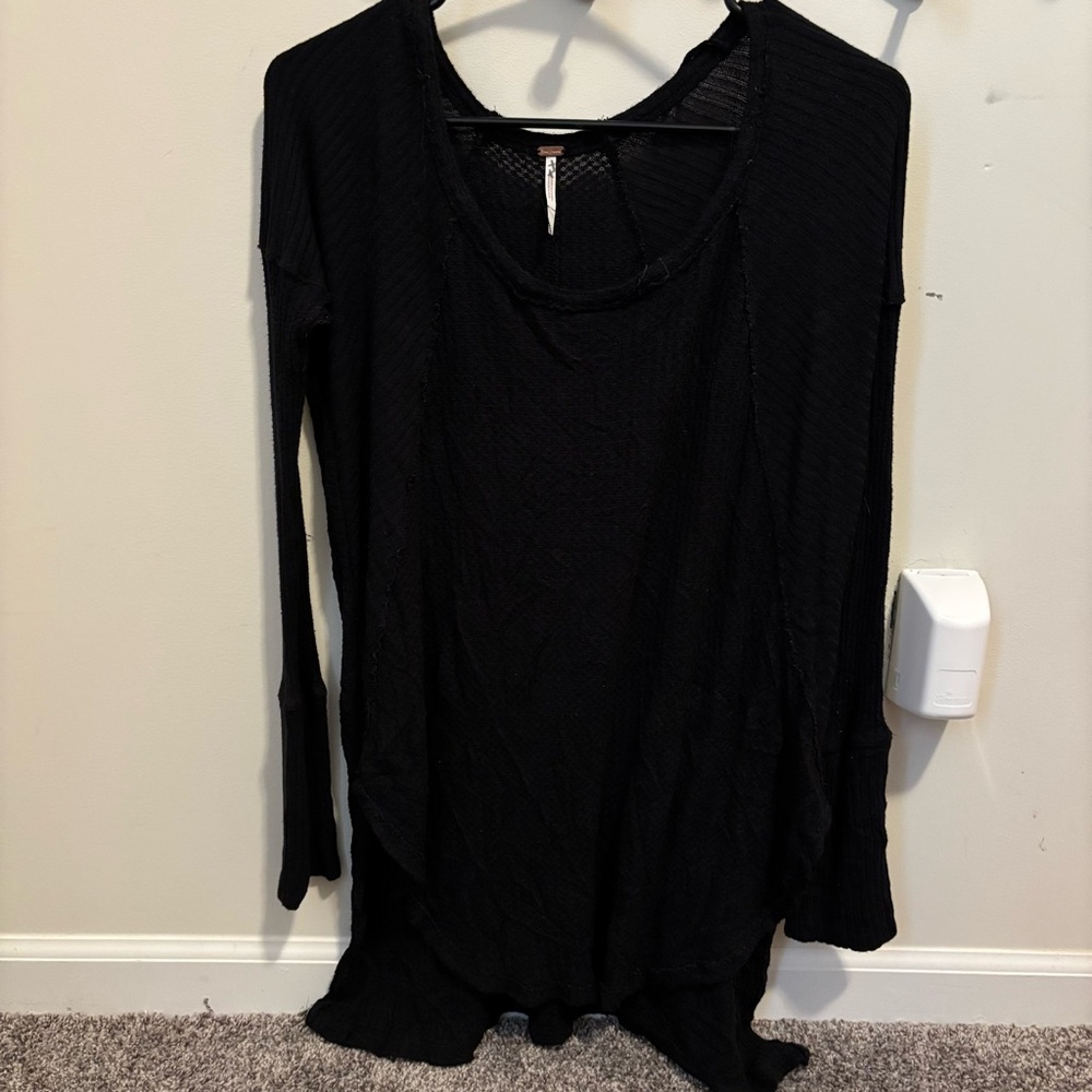 Free People Top Womens Small Waffle Knit Tunic Black Stretch Base Layer